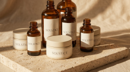 Solstice branded skincare products on travertine