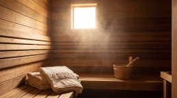 Warm cedar sauna interior with Caldera embroidered towels