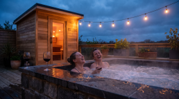 Friends relaxing in a steaming Caldera jacuzzi at dusk