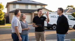 Helios consultant walking homeowners through their rooftop solar installation