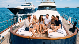 Friends relaxing on the bow deck of an Azure charter yacht